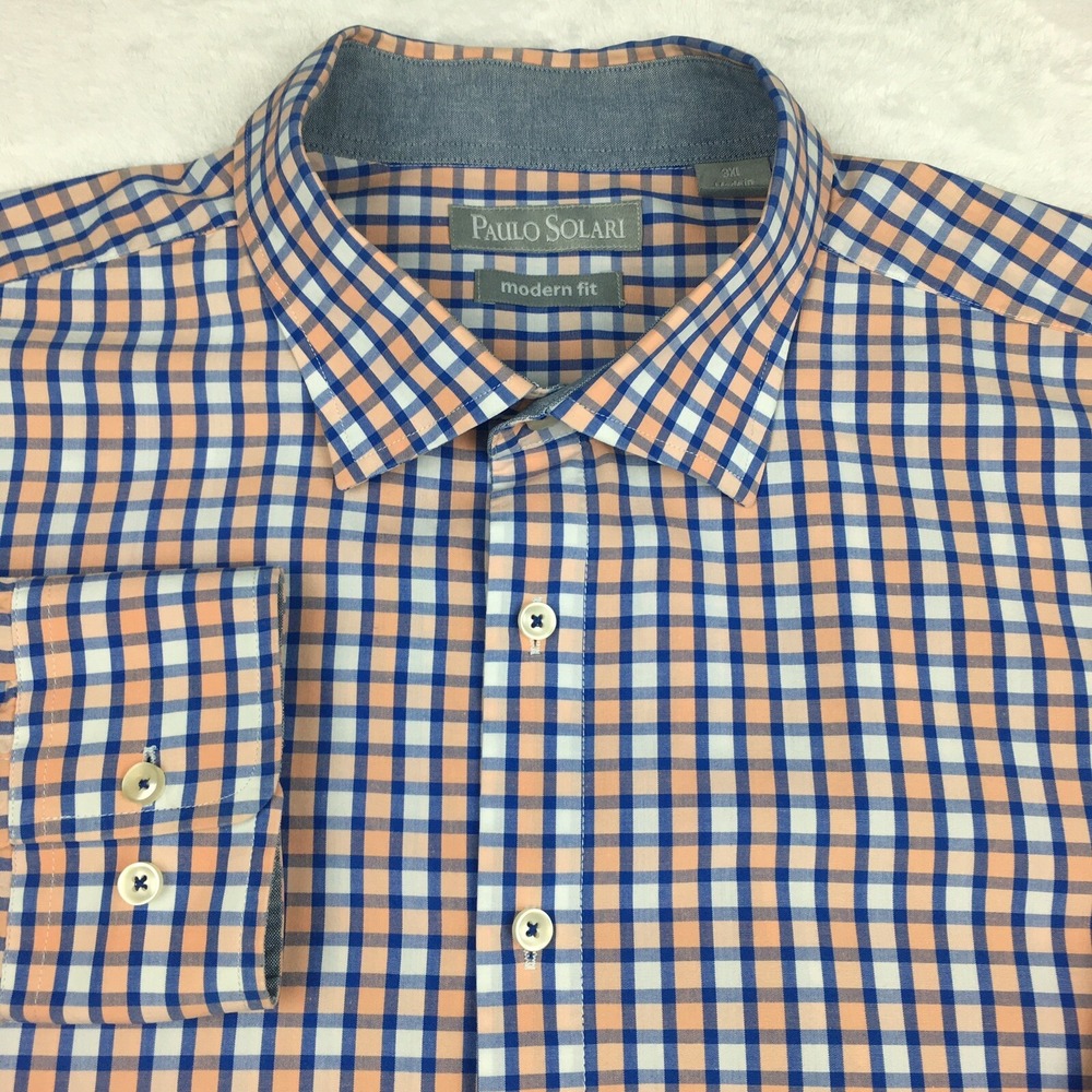 Paulo Solari Dress Shirt Mens 3XL Peach/Blue Checks Modern Fit